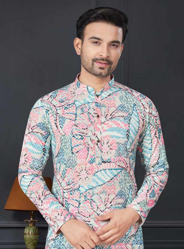 Multicolor Rayon Printed Mens Kurta Pajama Set