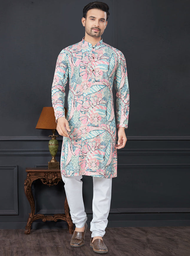 Multicolor Rayon Printed Mens Kurta Pajama Set