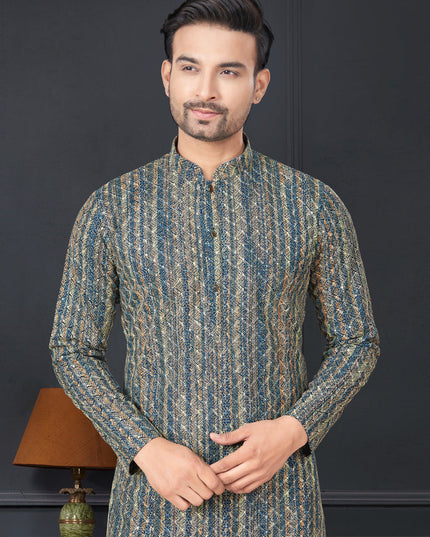 Navy Blue and Golden Rayon Printed Mens Kurta Pajama Set