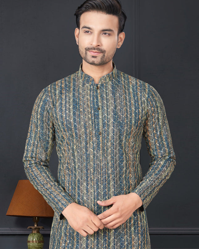 Navy Blue and Golden Rayon Printed Mens Kurta Pajama Set