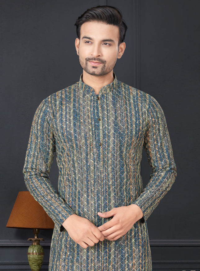 Navy Blue and Golden Rayon Printed Mens Kurta Pajama Set