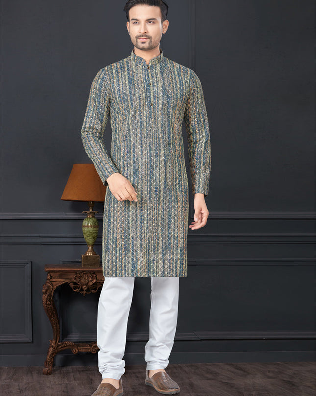 Navy Blue and Golden Rayon Printed Mens Kurta Pajama Set