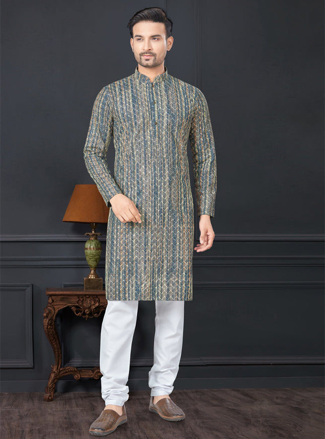 Navy Blue and Golden Rayon Printed Mens Kurta Pajama Set