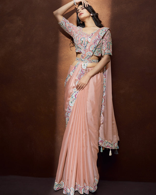 Peach Crepe Satin Silk Designer Saree with Blouse