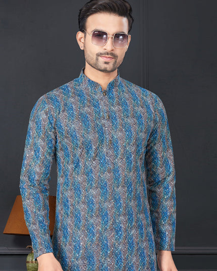 Cobalt Blue and Grey Rayon Printed Mens Kurta Pajama Set