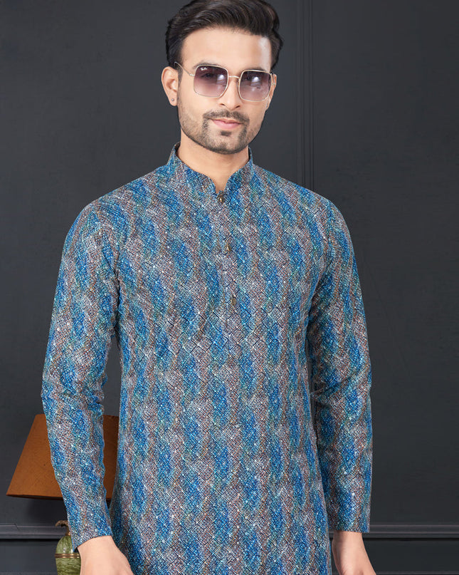 Cobalt Blue and Grey Rayon Printed Mens Kurta Pajama Set