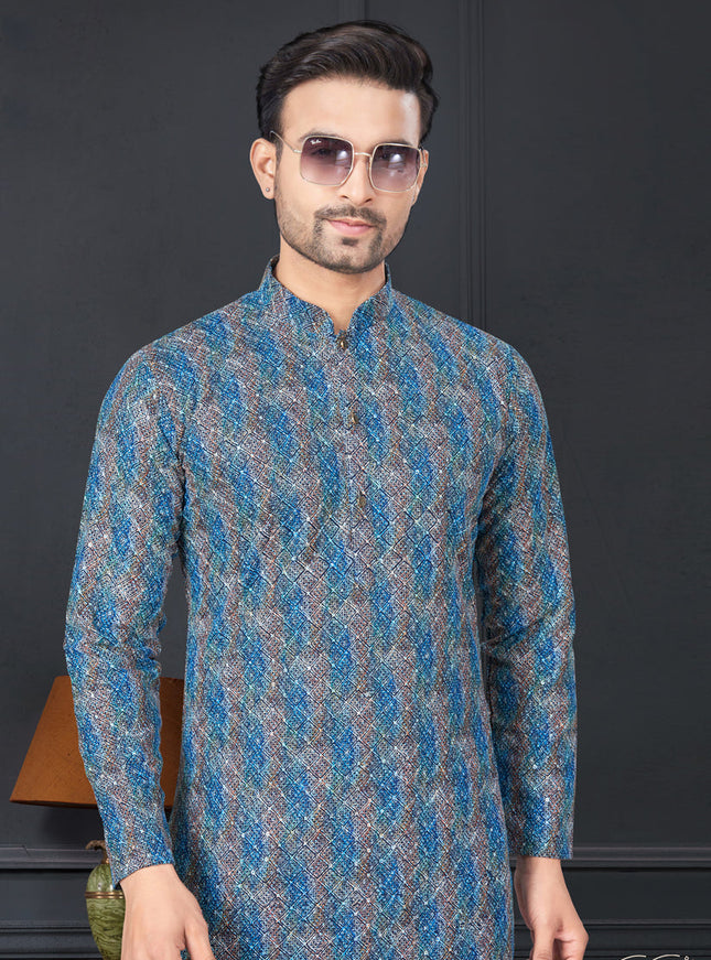 Cobalt Blue and Grey Rayon Printed Mens Kurta Pajama Set