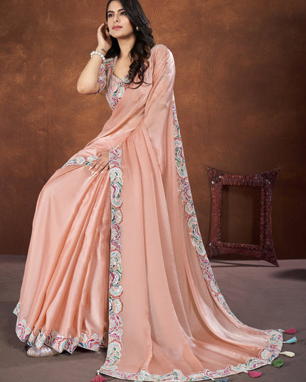 Peach Crepe Satin Silk Designer Saree with Blouse