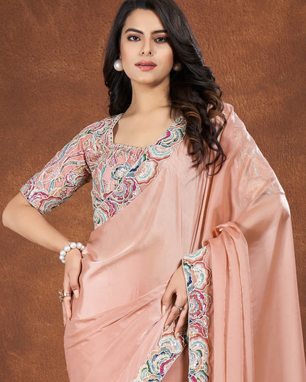 Peach Crepe Satin Silk Designer Saree with Blouse