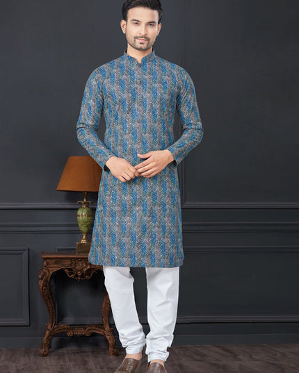 Cobalt Blue and Grey Rayon Printed Mens Kurta Pajama Set