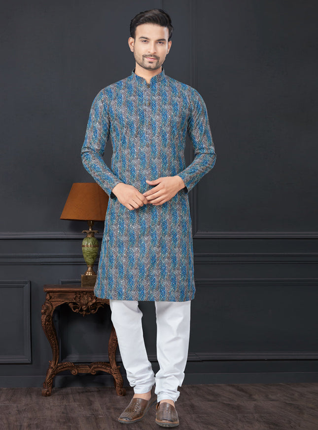 Cobalt Blue and Grey Rayon Printed Mens Kurta Pajama Set