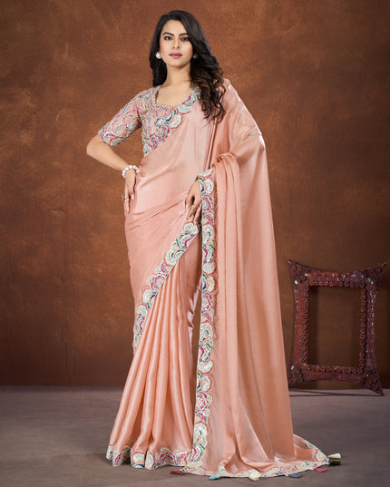 Peach Crepe Satin Silk Designer Saree with Blouse
