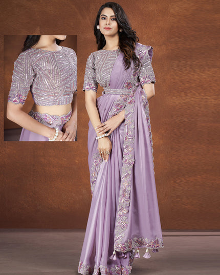 Lavender Crepe Satin Silk Designer Saree with Blouse