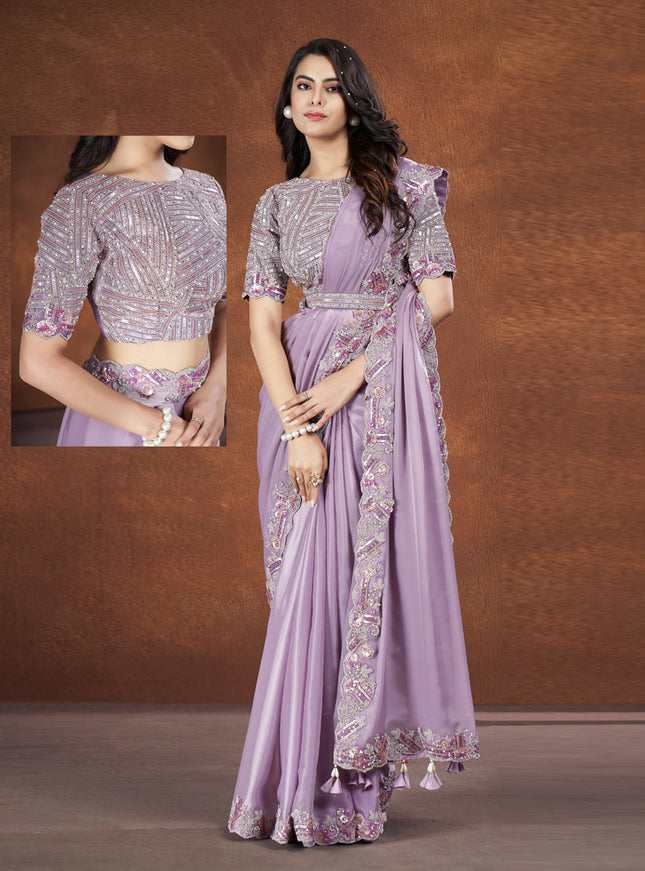Lavender Crepe Satin Silk Designer Saree with Blouse