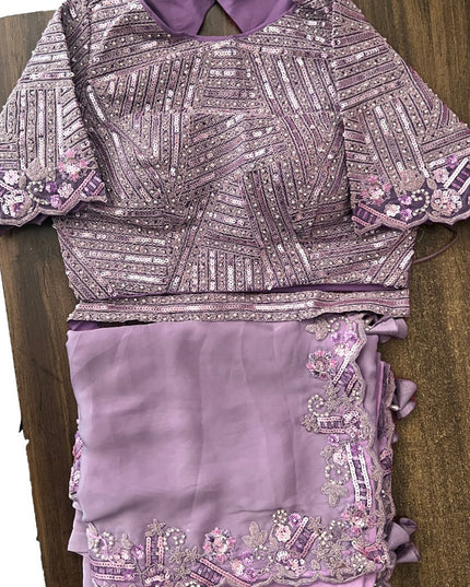 Lavender Crepe Satin Silk Designer Saree with Blouse