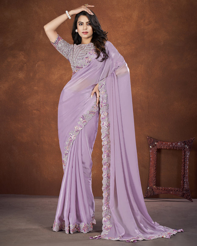 Lavender Crepe Satin Silk Designer Saree with Blouse