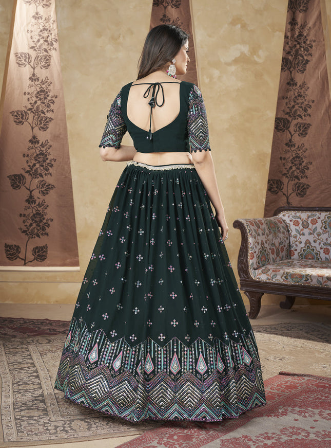 Pine Green Georgette Lehenga Choli For Festival