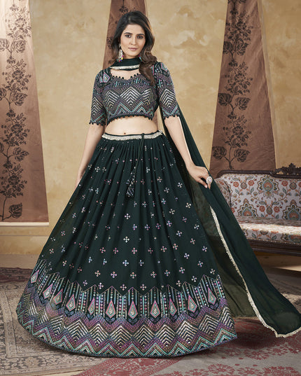 Pine Green Georgette Lehenga Choli For Festival