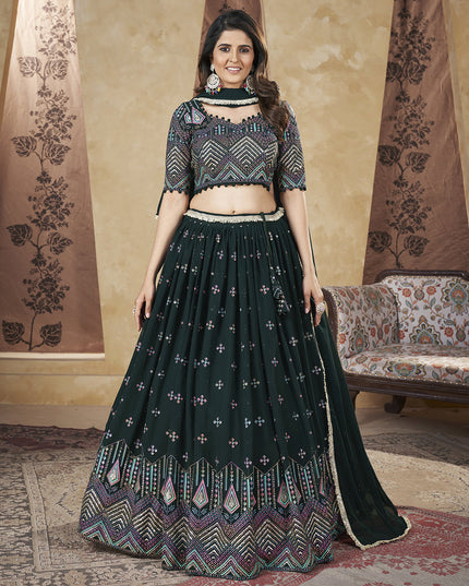 Pine Green Georgette Lehenga Choli For Festival