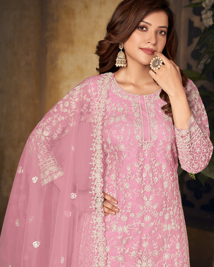 Delicate Rose Pink Net Embroidered Designer Palazzo Kameez