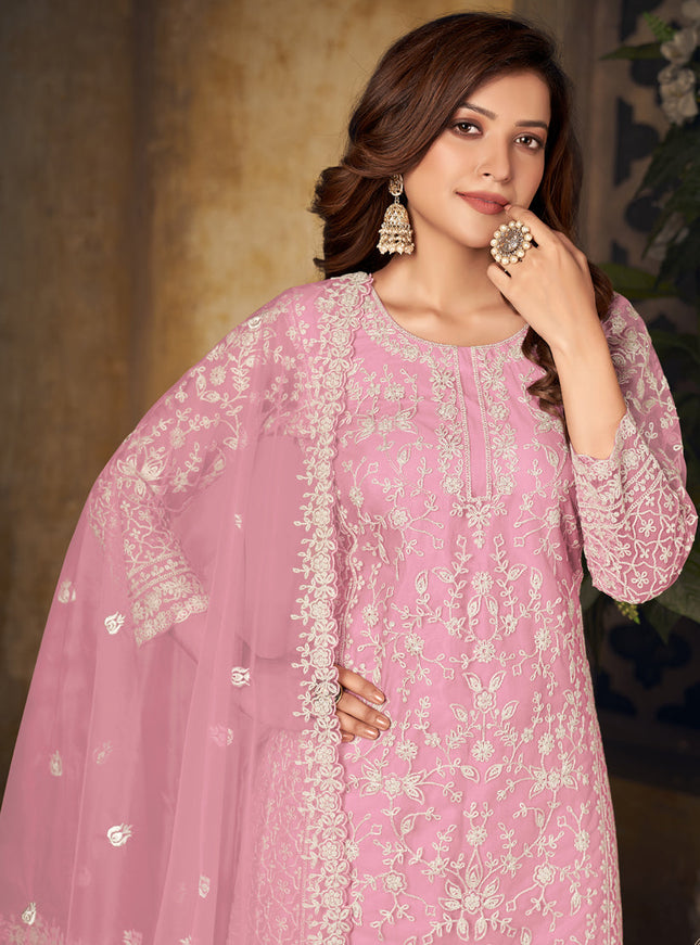 Delicate Rose Pink Net Embroidered Designer Palazzo Kameez