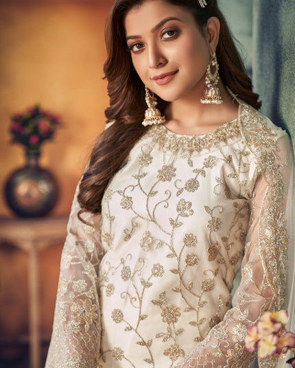 Sophisticated Pearl White Net Embroidered Designer Trouser Kameez