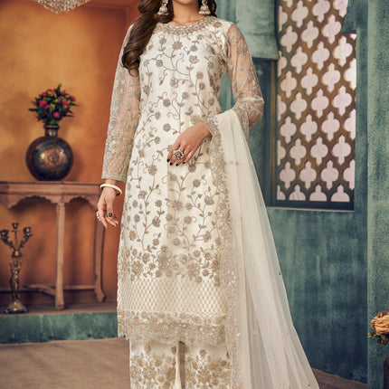 Sophisticated Pearl White Net Embroidered Designer Trouser Kameez