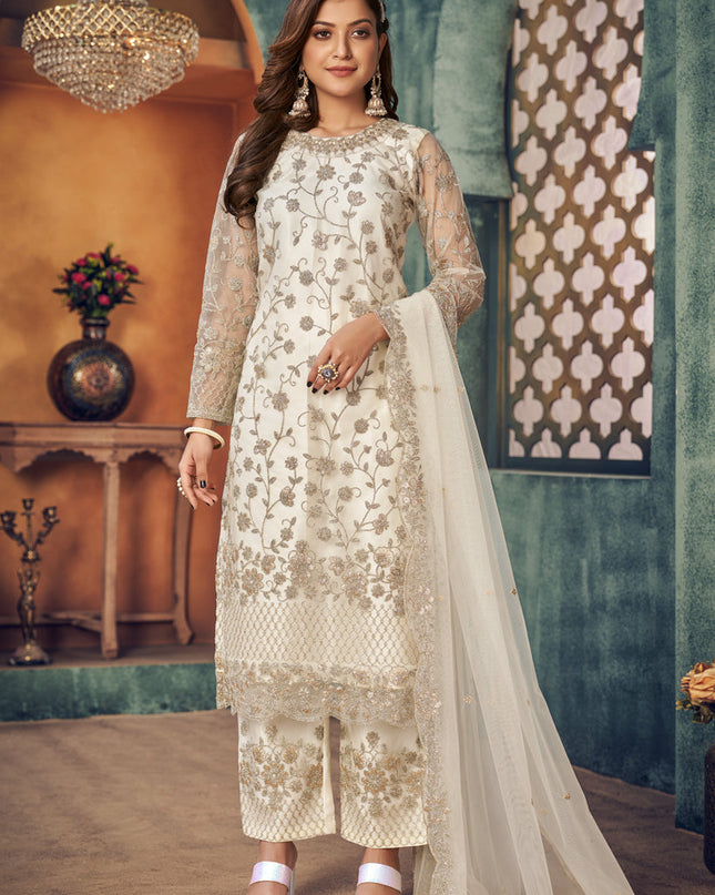 Sophisticated Pearl White Net Embroidered Designer Trouser Kameez