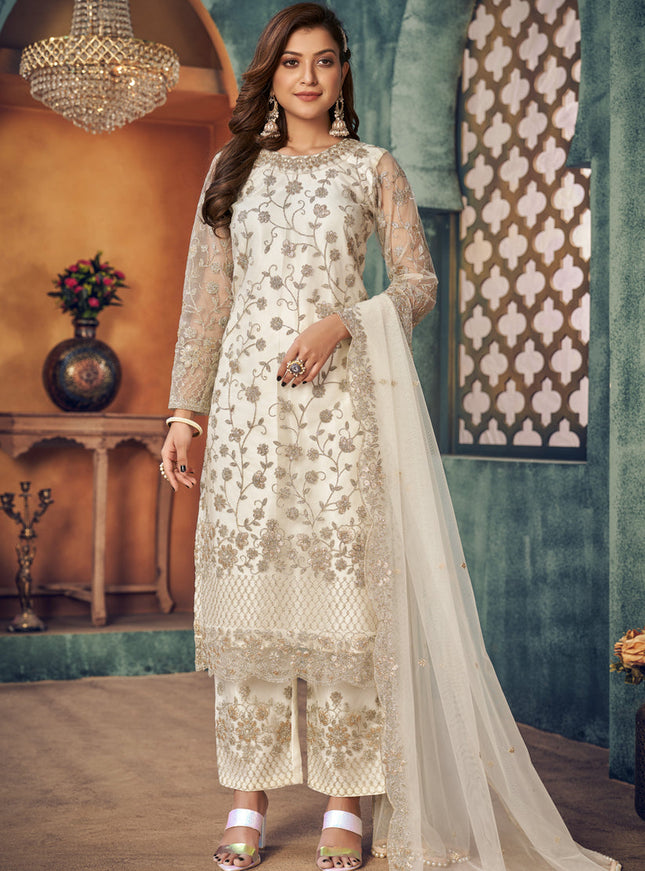 Sophisticated Pearl White Net Embroidered Designer Trouser Kameez