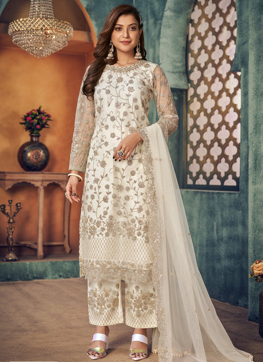 Sophisticated Pearl White Net Embroidered Designer Trouser Kameez