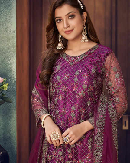 Astonishing Magenta Net Embroidered Designer Trouser Kameez