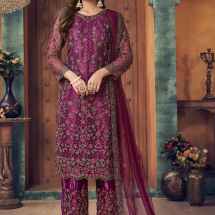 Astonishing Magenta Net Embroidered Designer Trouser Kameez