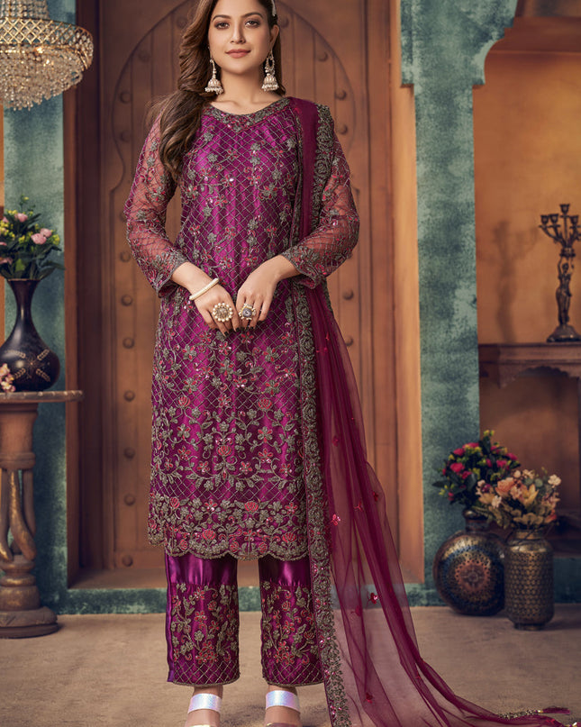 Astonishing Magenta Net Embroidered Designer Trouser Kameez
