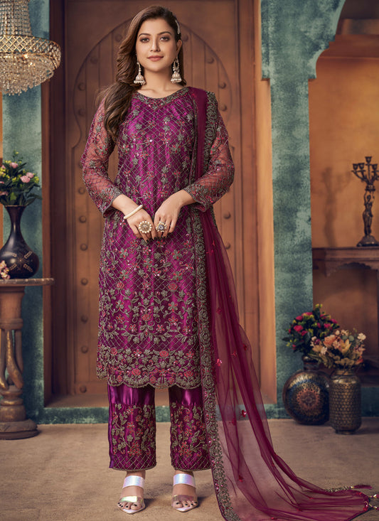 Astonishing Magenta Net Embroidered Designer Trouser Kameez