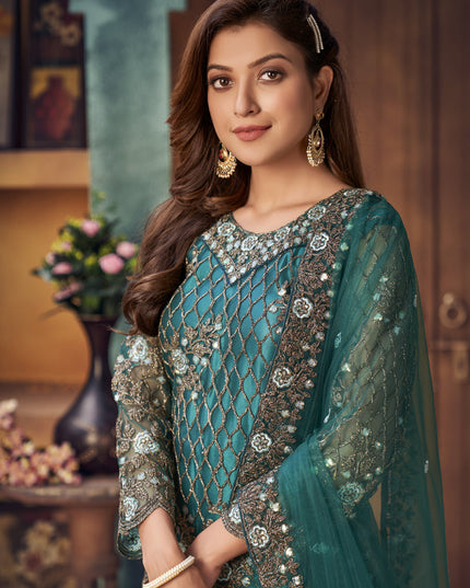 Bewitching Morpich Net Embroidered Designer Trouser Kameez