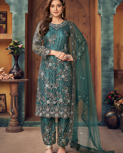 Bewitching Morpich Net Embroidered Designer Trouser Kameez