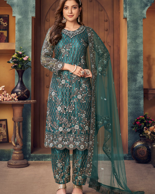 Bewitching Morpich Net Embroidered Designer Trouser Kameez