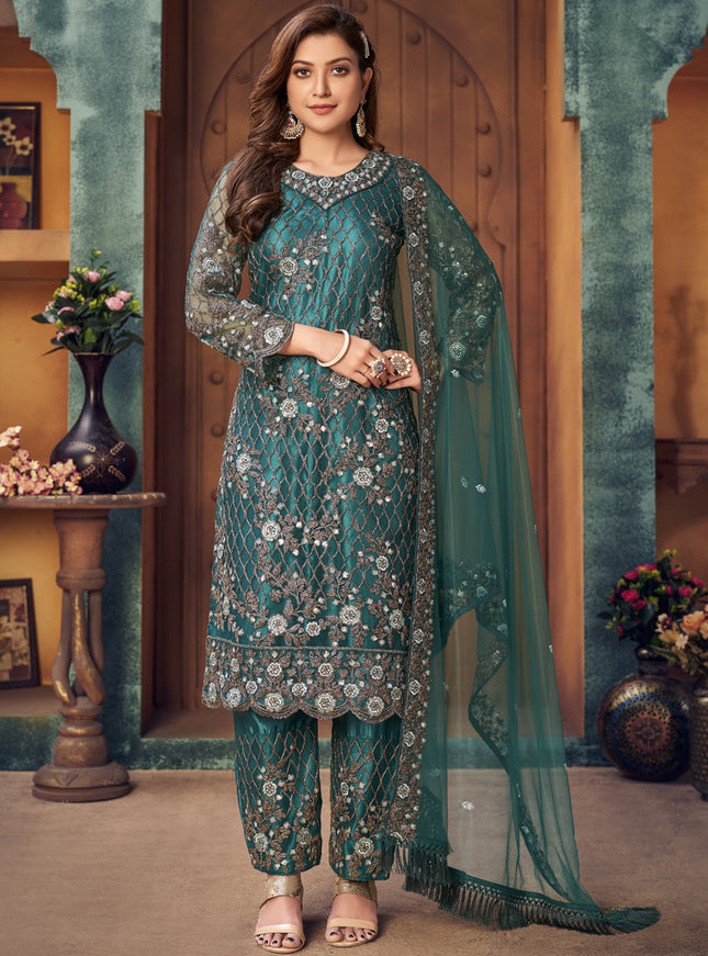 Bewitching Morpich Net Embroidered Designer Trouser Kameez
