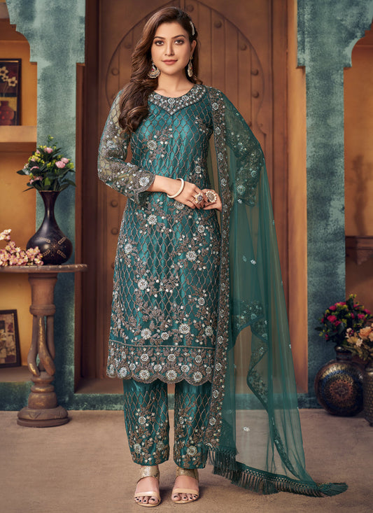 Bewitching Morpich Net Embroidered Designer Trouser Kameez