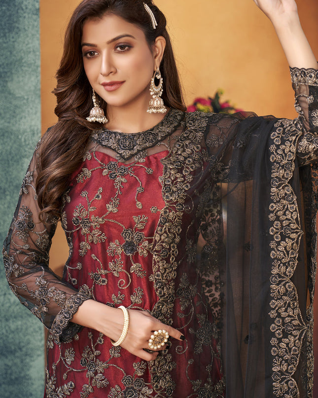 Amazing Maroon and Black Net Embroidered Designer Trouser Kameez