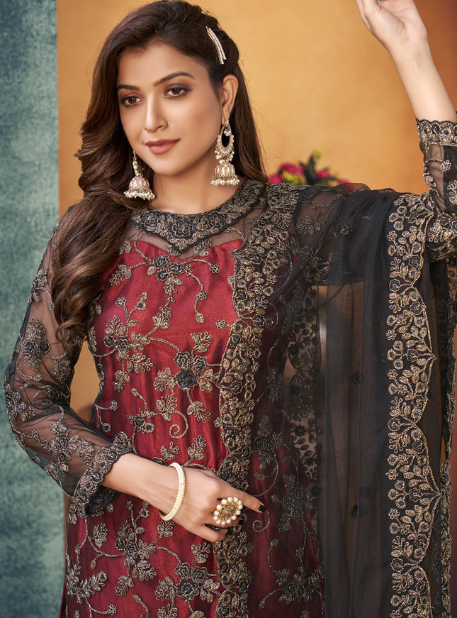 Amazing Maroon and Black Net Embroidered Designer Trouser Kameez