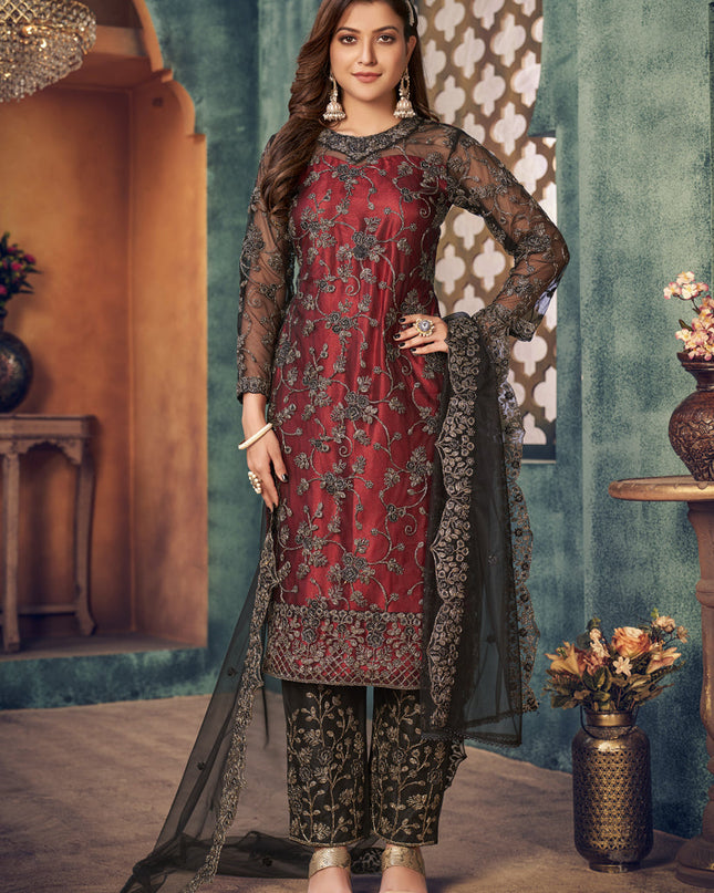 Amazing Maroon and Black Net Embroidered Designer Trouser Kameez