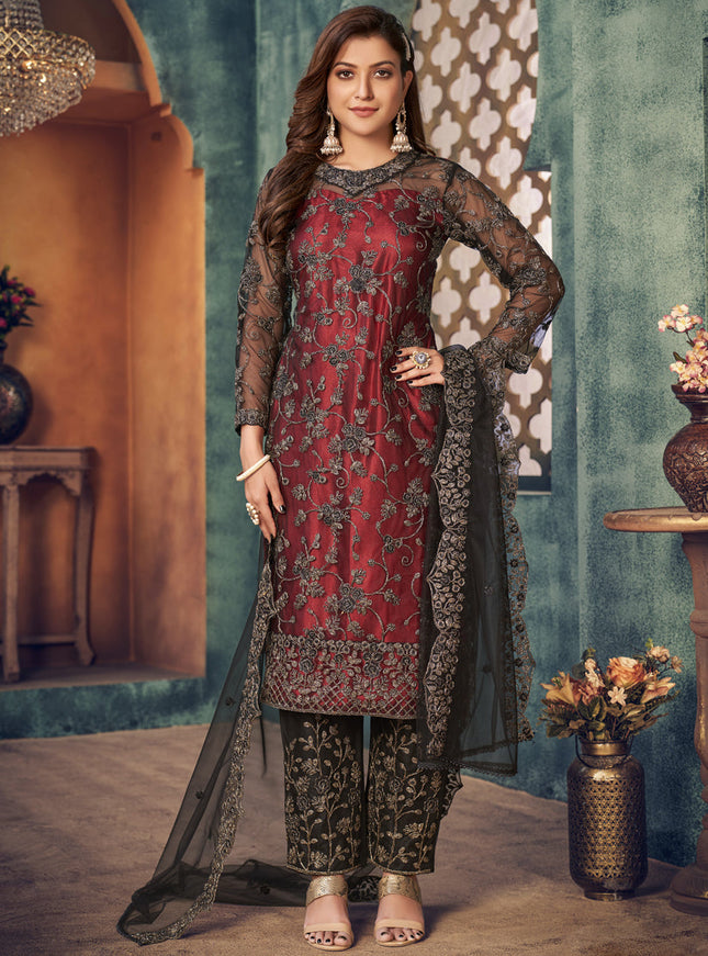 Amazing Maroon and Black Net Embroidered Designer Trouser Kameez