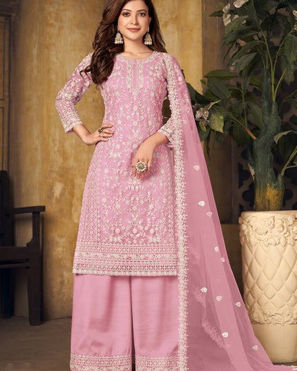 Delicate Rose Pink Net Embroidered Designer Palazzo Kameez