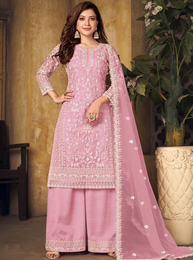 Delicate Rose Pink Net Embroidered Designer Palazzo Kameez