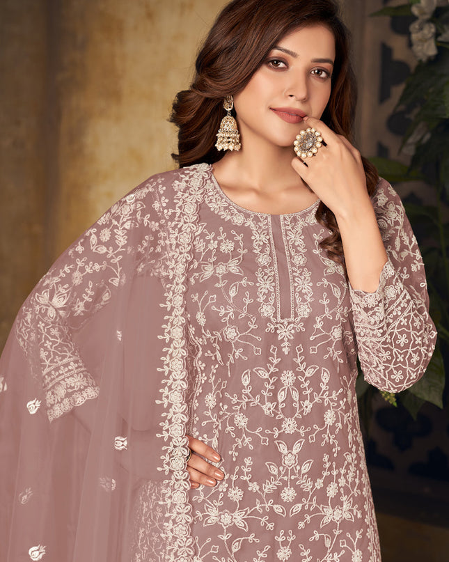Dashing Rose Gold Net Embroidered Designer Palazzo Kameez