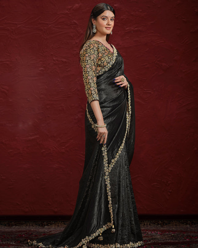 Black Crush Paper Silk Designer Wedding Saree