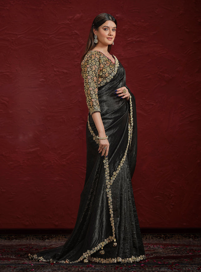 Black Crush Paper Silk Designer Wedding Saree