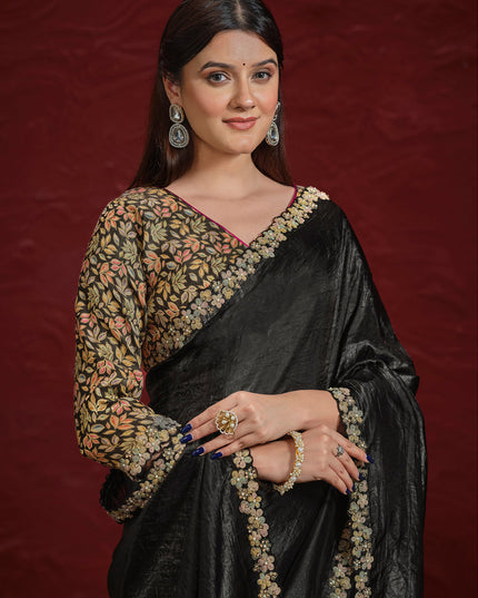 Black Crush Paper Silk Designer Wedding Saree