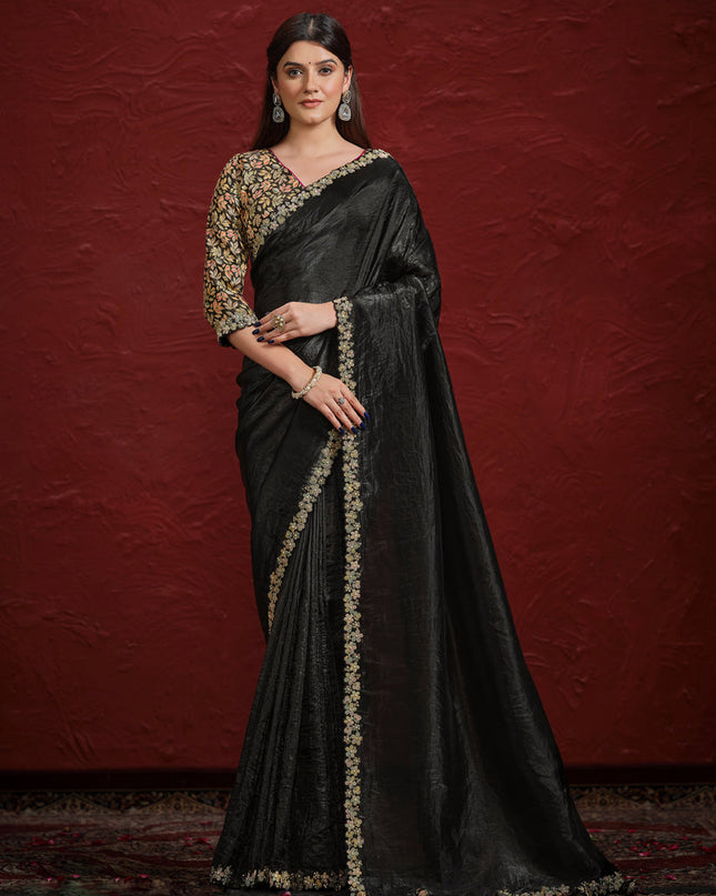 Black Crush Paper Silk Designer Wedding Saree